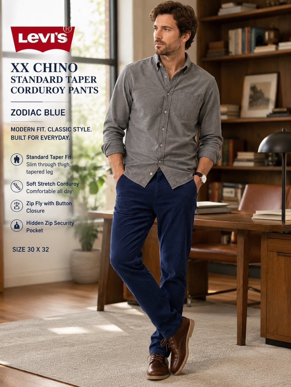 Levi’s XX Chino Standard Taper Corduroy Pants 30x32 Zodiac Blue Stretch Casual